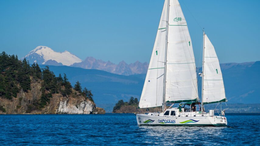 One Ocean under sail with Mt. Baker in the background