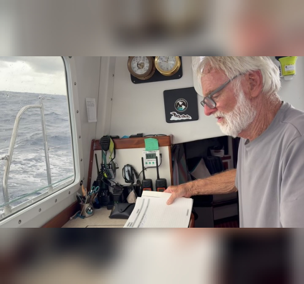Mark plots our position daily, recording where we are and how many nautical miles we ha…