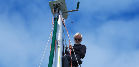 Man on sailboat mast